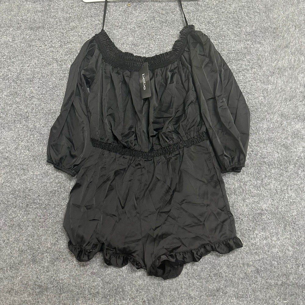 Bebe Romper Womens Size M Black Satin Smocked Off Shoulder Long Slv Ruffle NWT